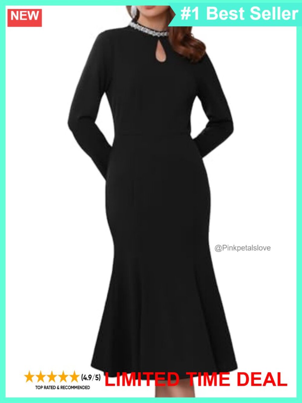 Women's Evening Fishtail Dress Long Sleeve Sequin Trim Bodycon Formal Cocktail